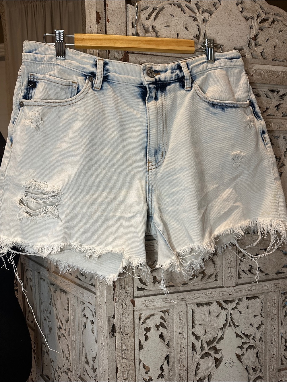 KanCan Light Blue/White Distressed Frayed Denim Shorts with Dark Accents